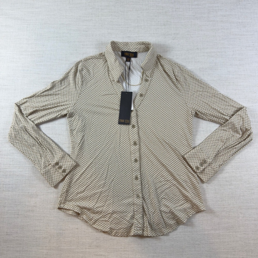 Truth by Republic Womens Tan Geometric Button Down Shirt Long Sleeve Medium NWT